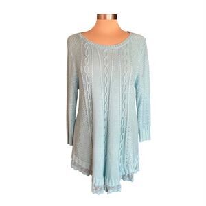 United States Sweaters Tunic Seafoam Cable Knit Lace Trim Minimalist Casual LG